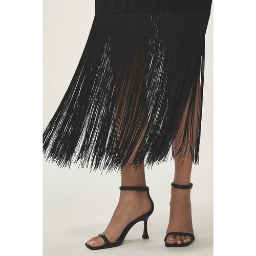 Black knit midi dress with cascading fringe at the hem