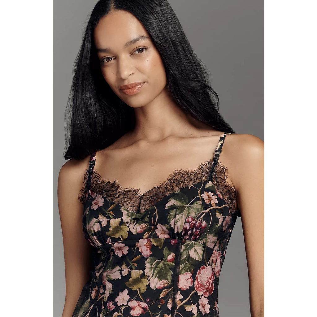 Anthropologie Maeve Floral Fruit Mesh Slip Dress LARGE Black Lace Trim Anthropologie