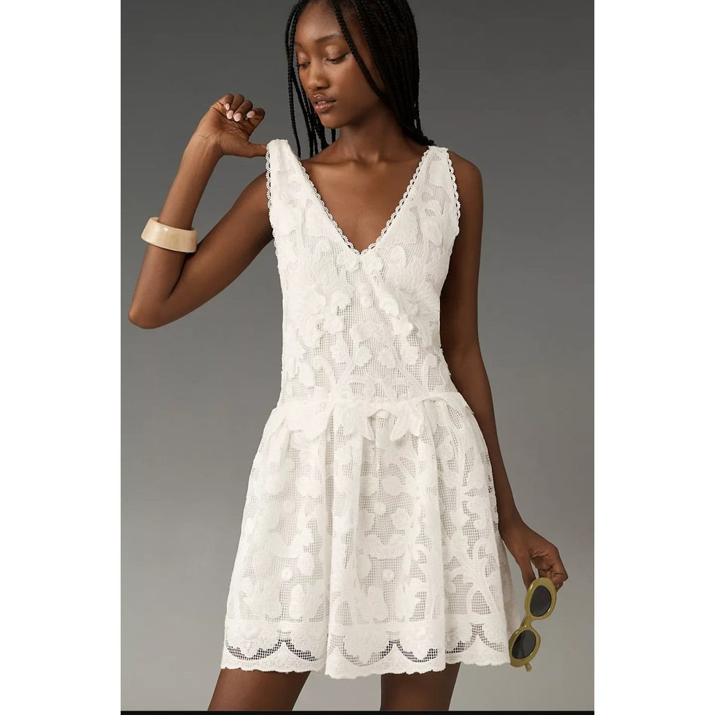 New By Anthropologie Sleeveless V-Neck Lace Swing Mini Dress $288 MEDIUM White