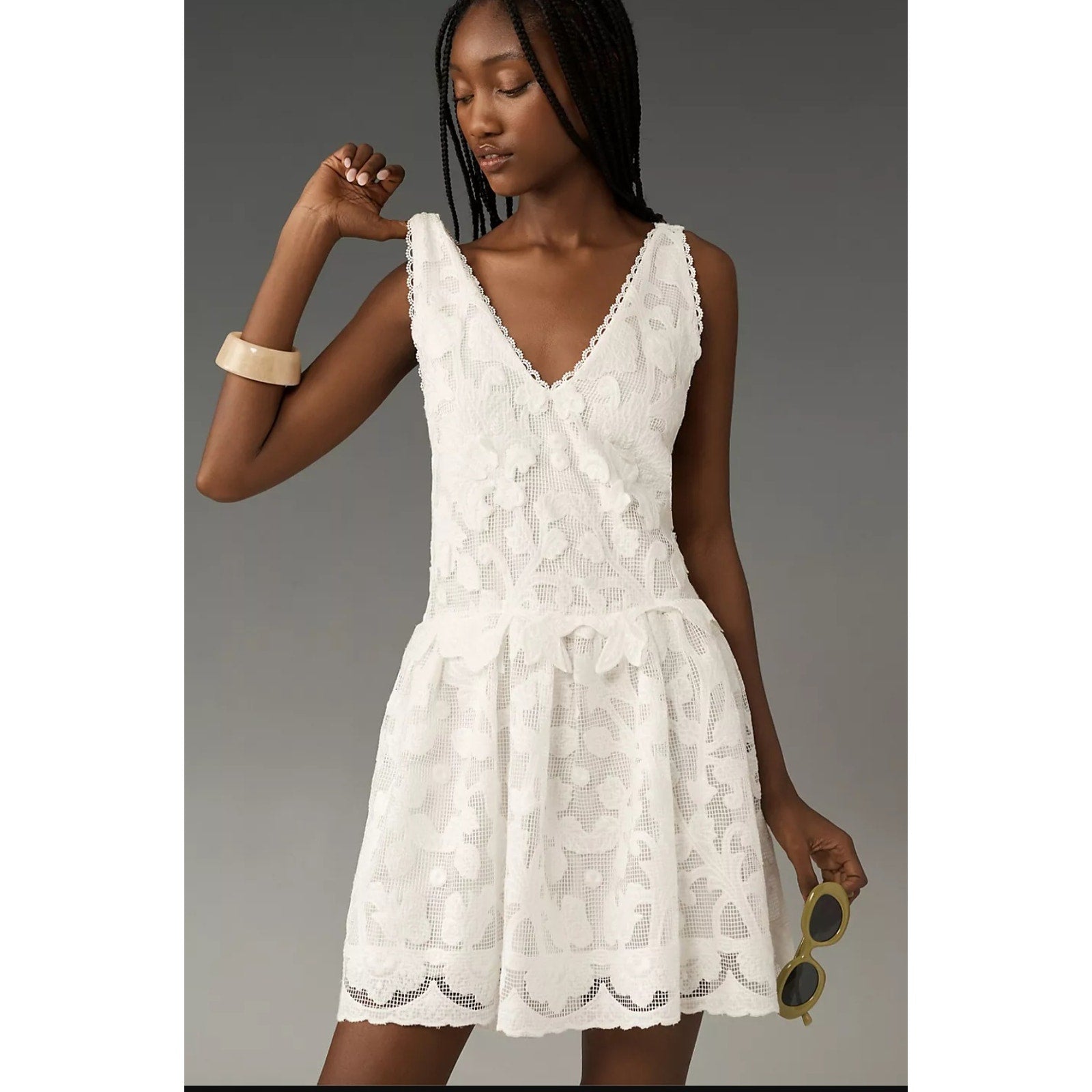 New By Anthropologie Sleeveless V-Neck Lace Swing Mini Dress $288 MEDIUM White