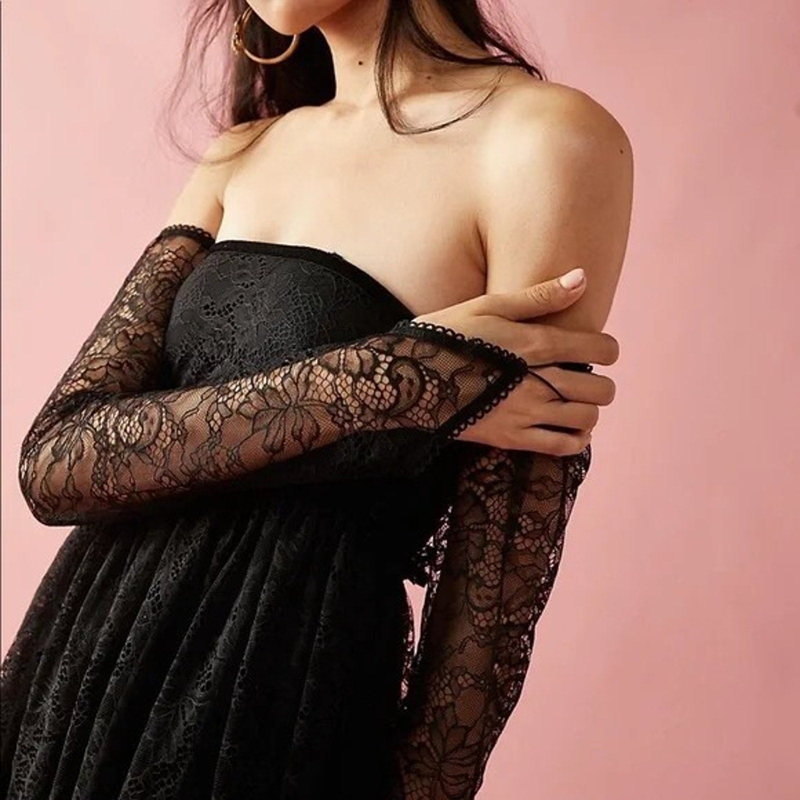 New Free People Emma Lace Babydoll Mini Dress $250 Small Black LBD with Gloves