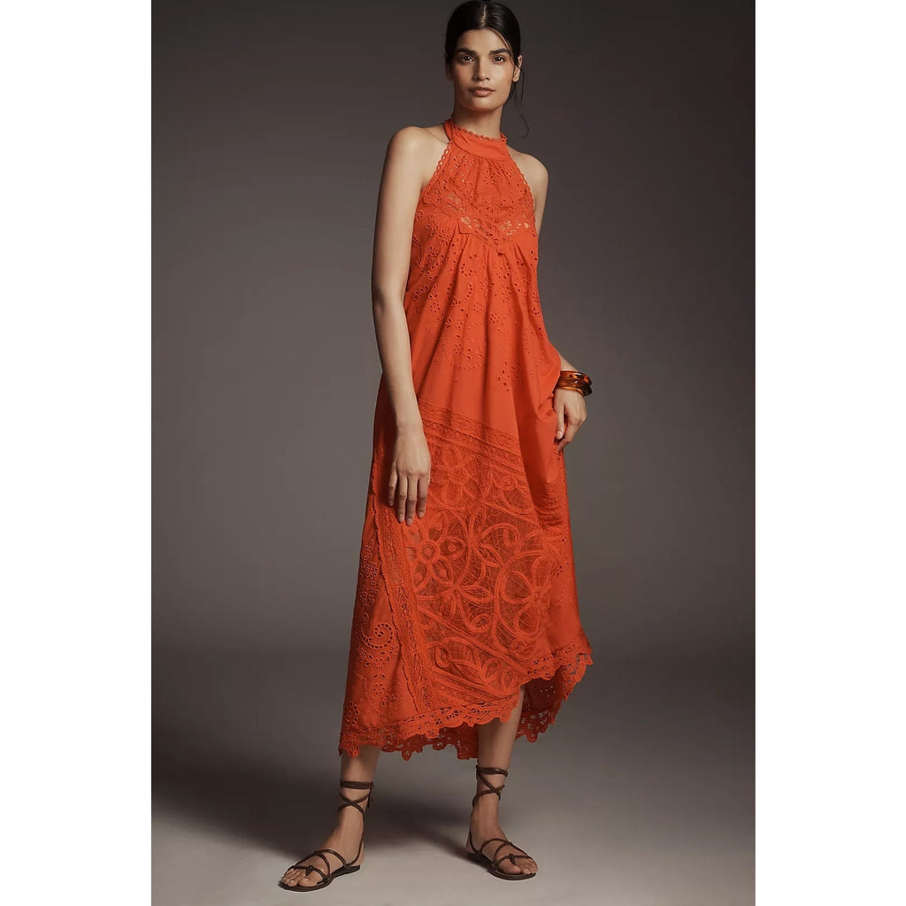 Anthropologie Halter Cutwork Lace Dress MAXI X-SMALL Orange Anthropologie