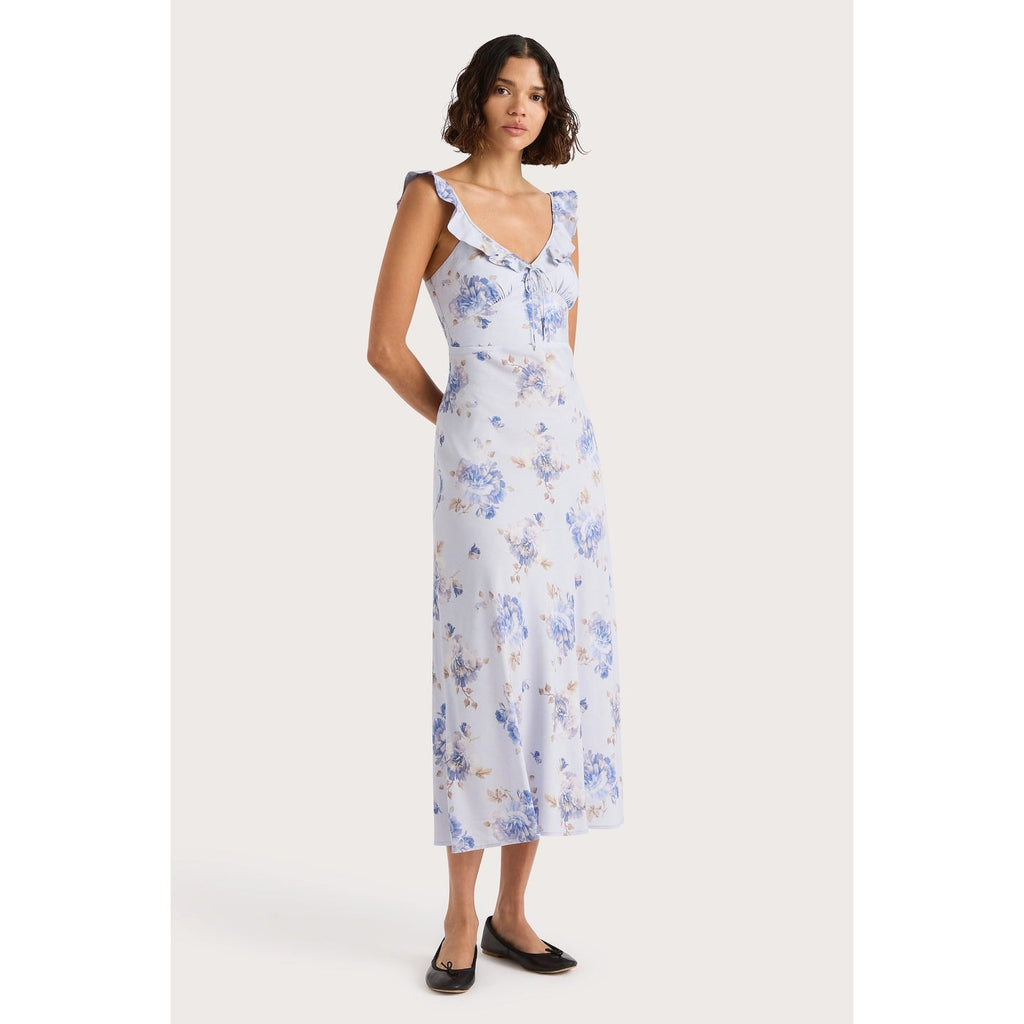 New Anthropologie x Faithfull Ruffle-Neck Floral Midi Dress $240 Size 6 Lilac