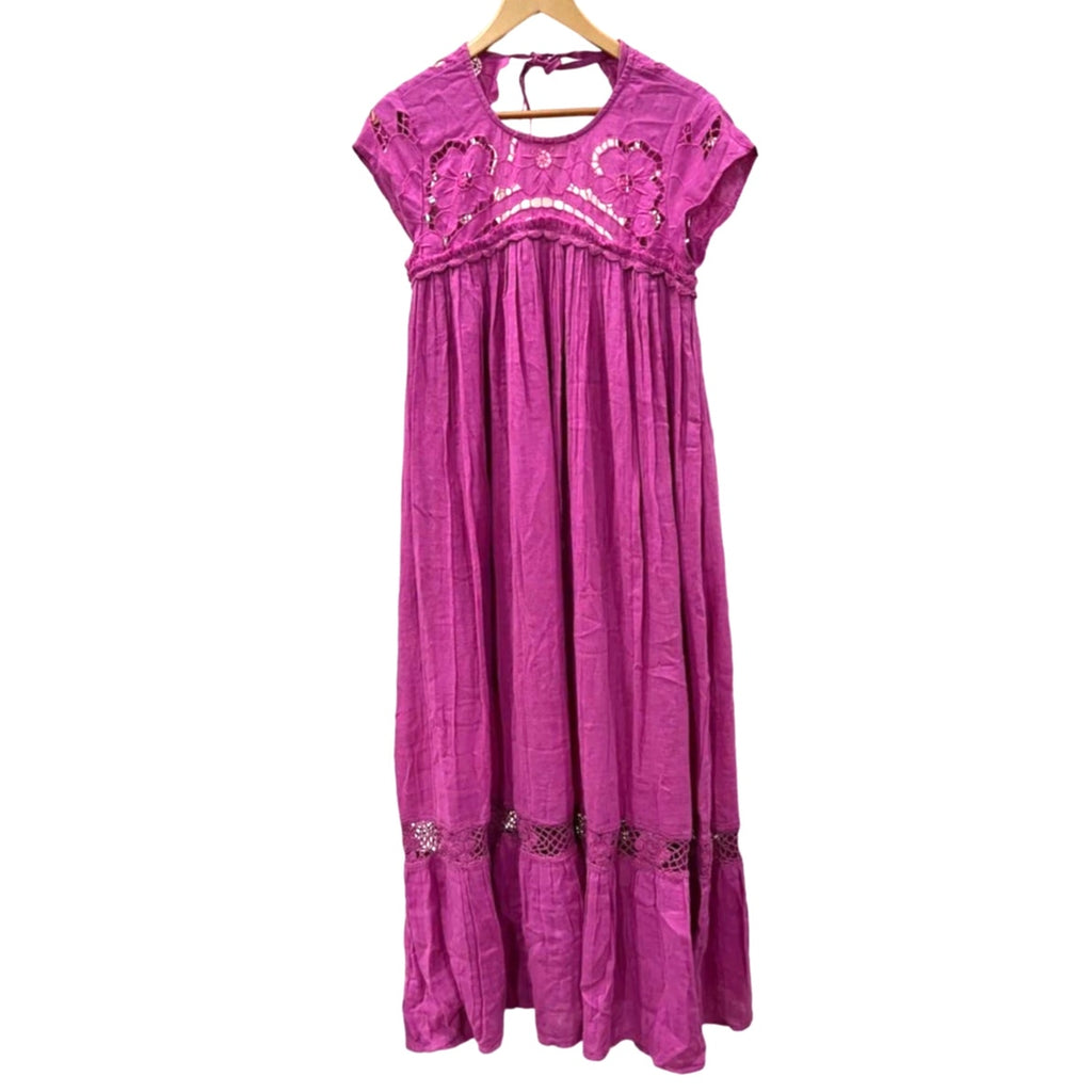 New Free People Cutwork Boho Maxi T-Shirt Dress $198 SMALL Open-Back Violet