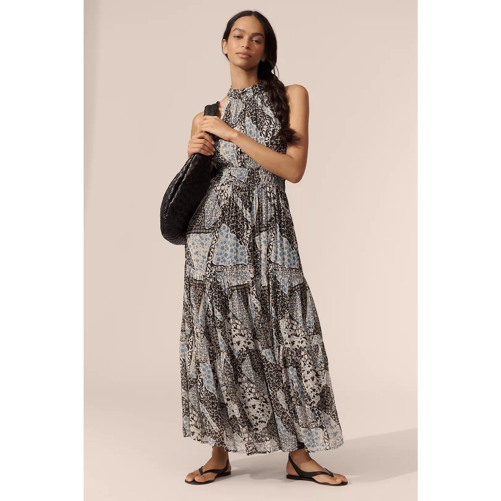 Anthropologie The Somerset Chiffon Halter Maxi Dress X-LARGE Black Anthropologie