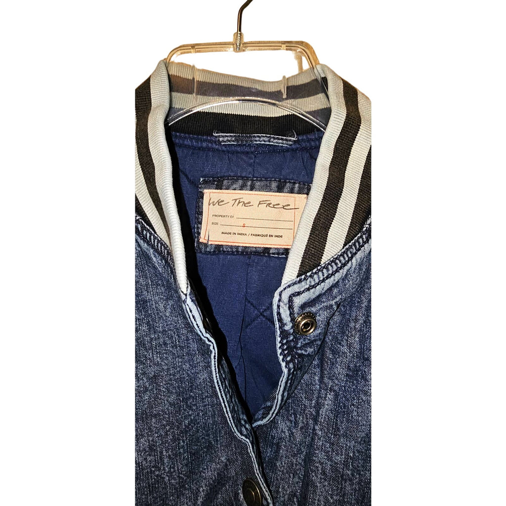 New Free People WTF Team Spirit Jacket $298 SMALL Stone Blue Floral Embroidery