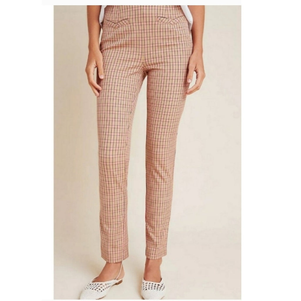 New Anthropologie The Essential Slim Plaid Trousers $98 Size 12 Pink and Tan