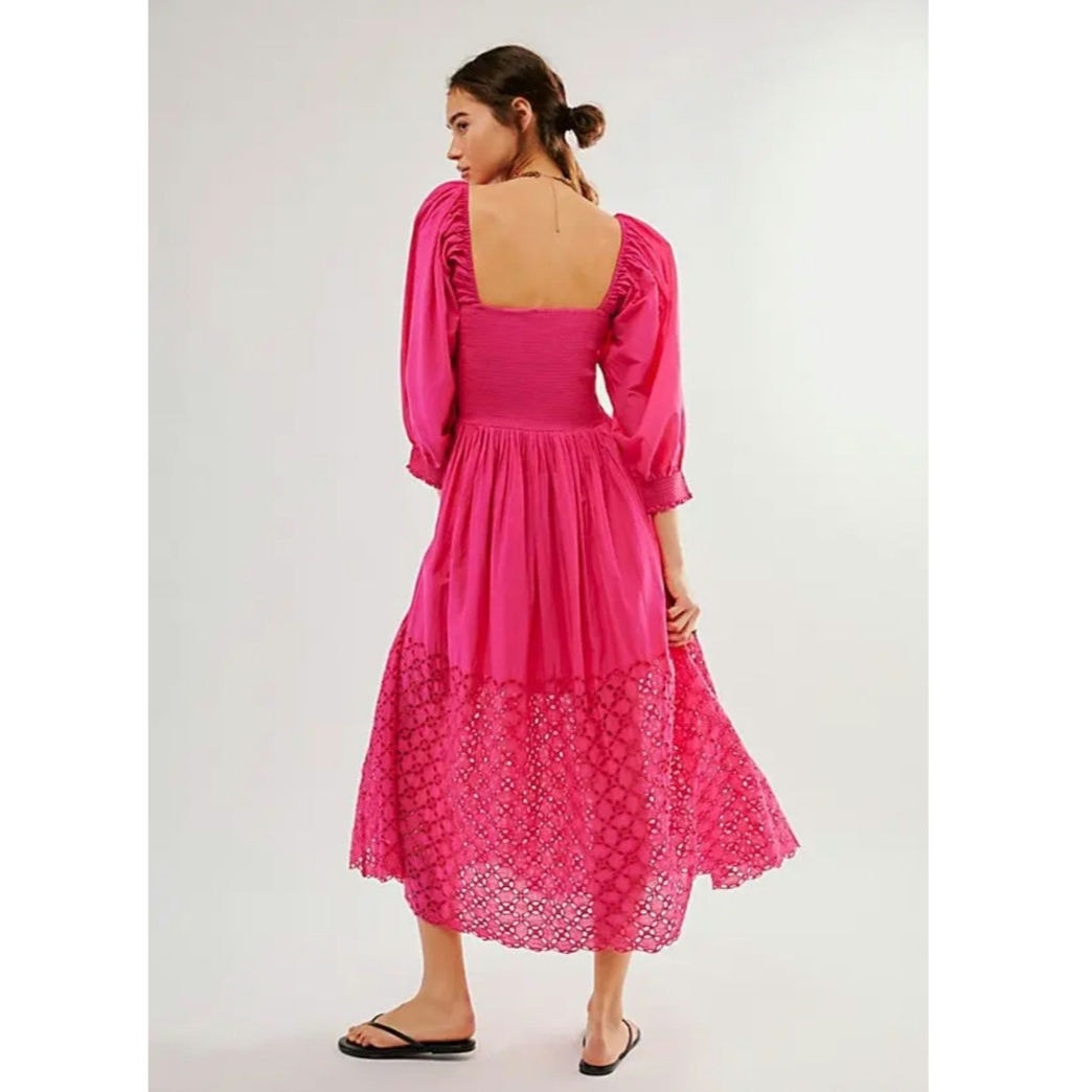 New FREE PEOPLE Perfect Storm Boho Midi Dress  $168 X-SMALL Pink Smocked