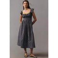 New By Anthropologie Flutter-Sleeve Square-Neck Midi Dress $168 SMALL Blue Plaid Anthropologie