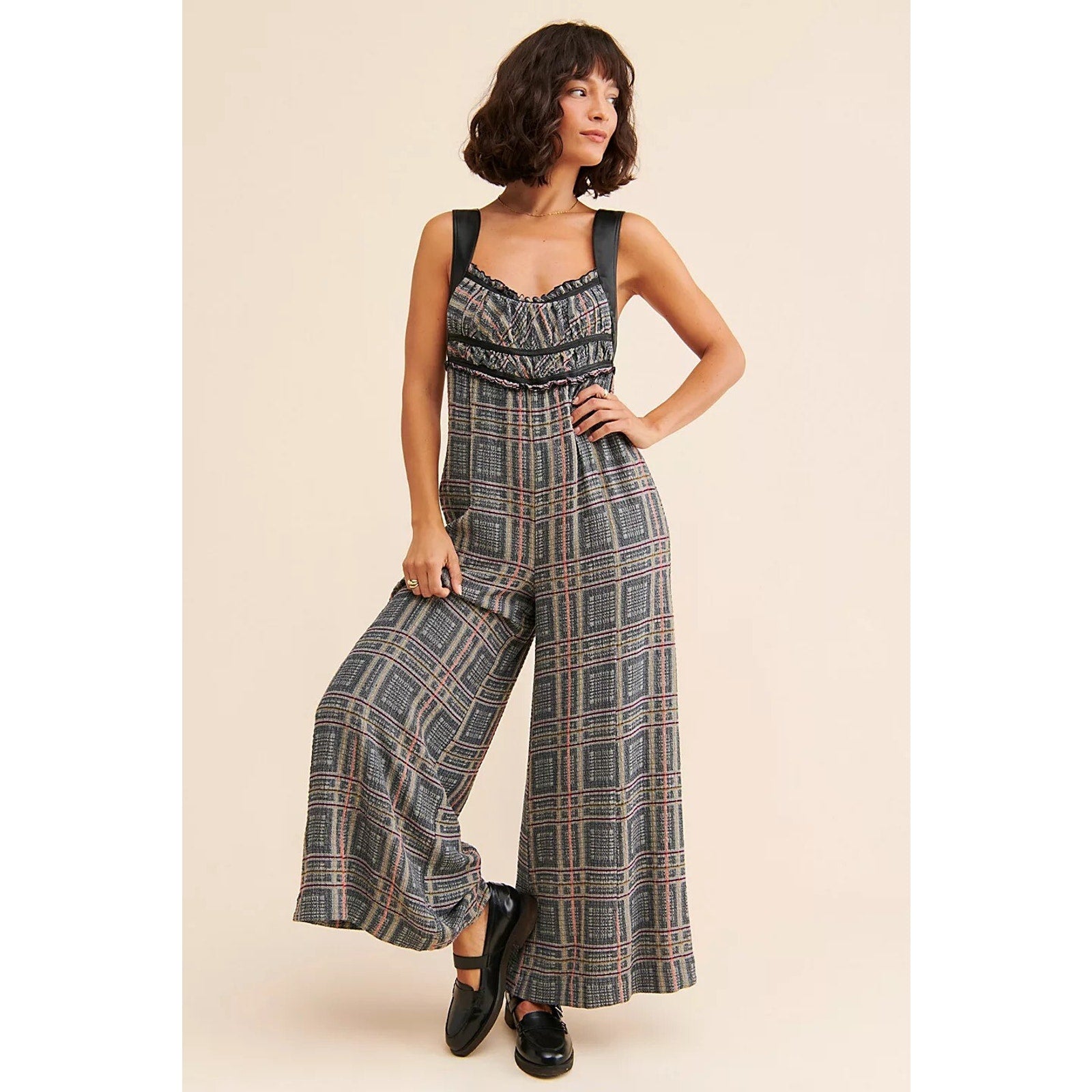 New Free People Marley Plaid One-Piece Jumpsuit $188 SMALL Wide-Leg