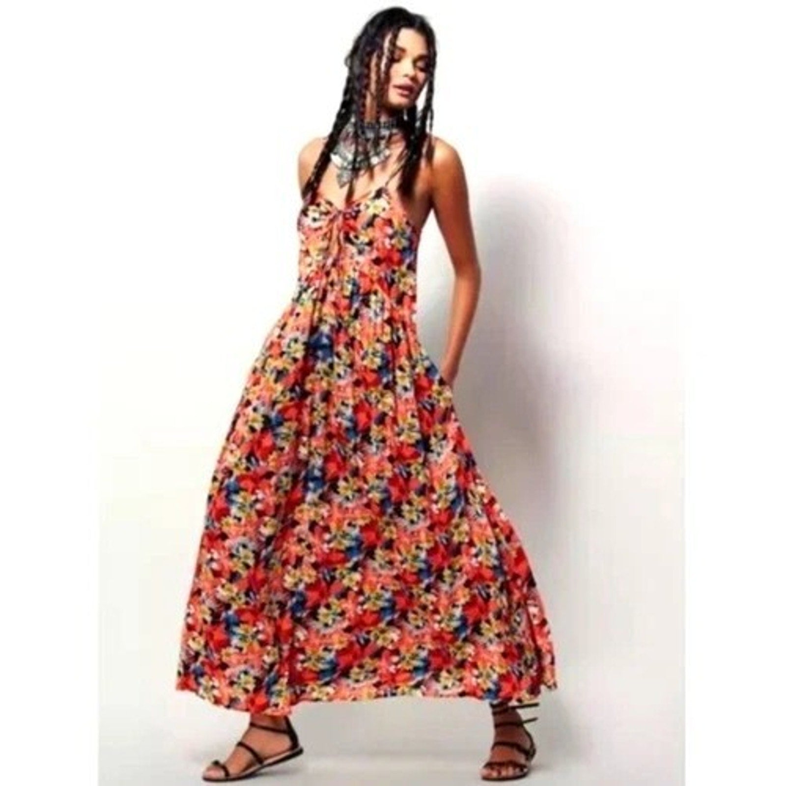 New Free People Mulberry Strappy Keyhole Floral Maxi Dress Size Small Boho Coral