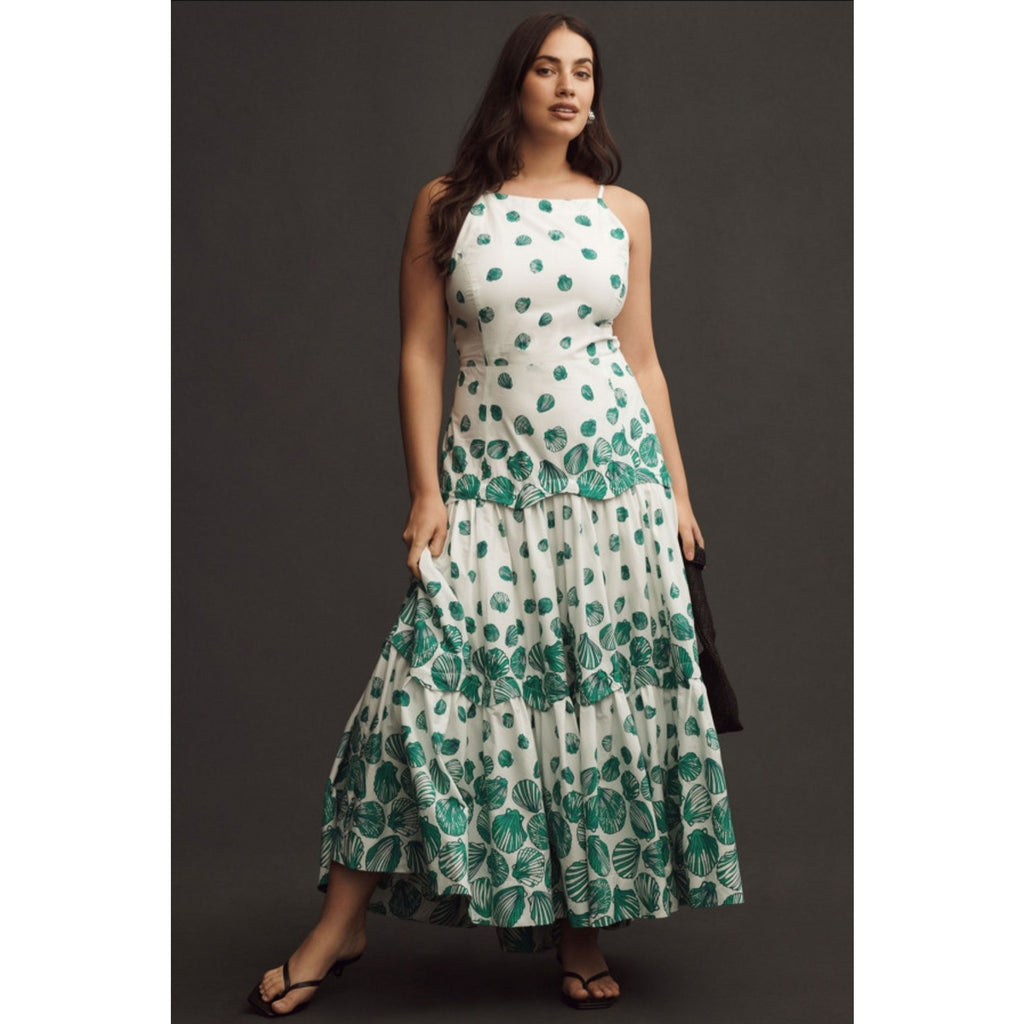 Anthropologie Maeve Halter Tiered Maxi Dress $188 SMALL White Green