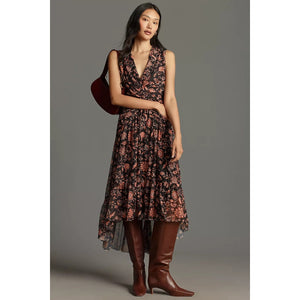 New ANTHROPOLOGIE 4SI3NNA V-Neck Sleeveless Midi Dress $148 SMALL Floral Black