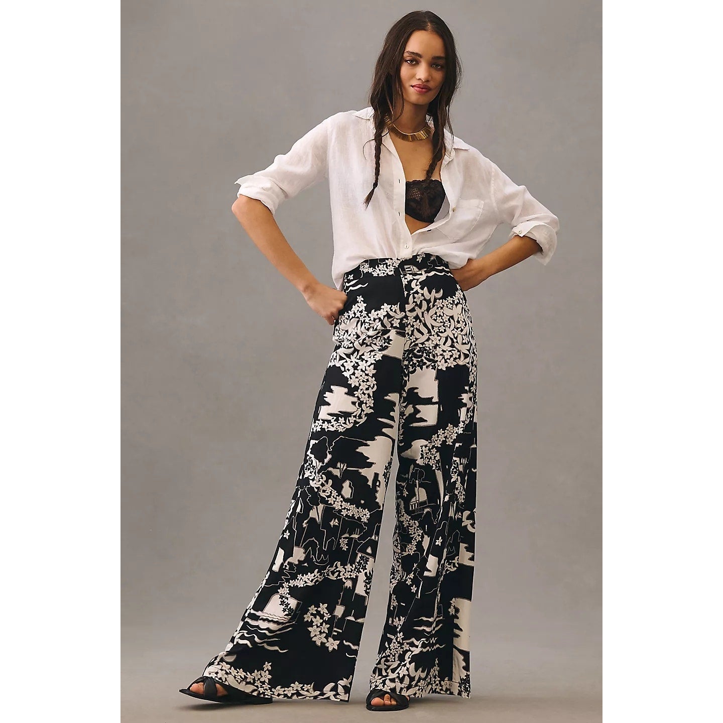 New ANTHROPOLOGIE Tiny Anne Printed Wide-Leg Pants $160 SIZE 2 Black Motif