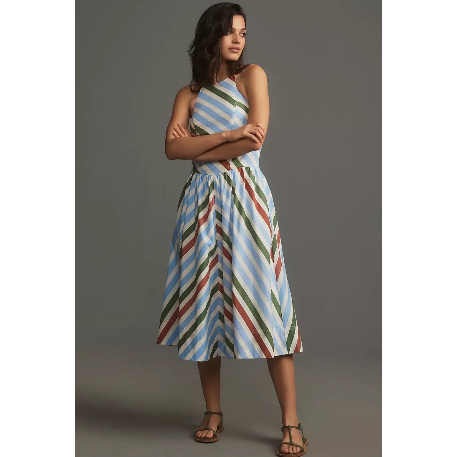 Anthropologie Maeve Halter Midi Sundress $168 XS Neutral Striped Motif