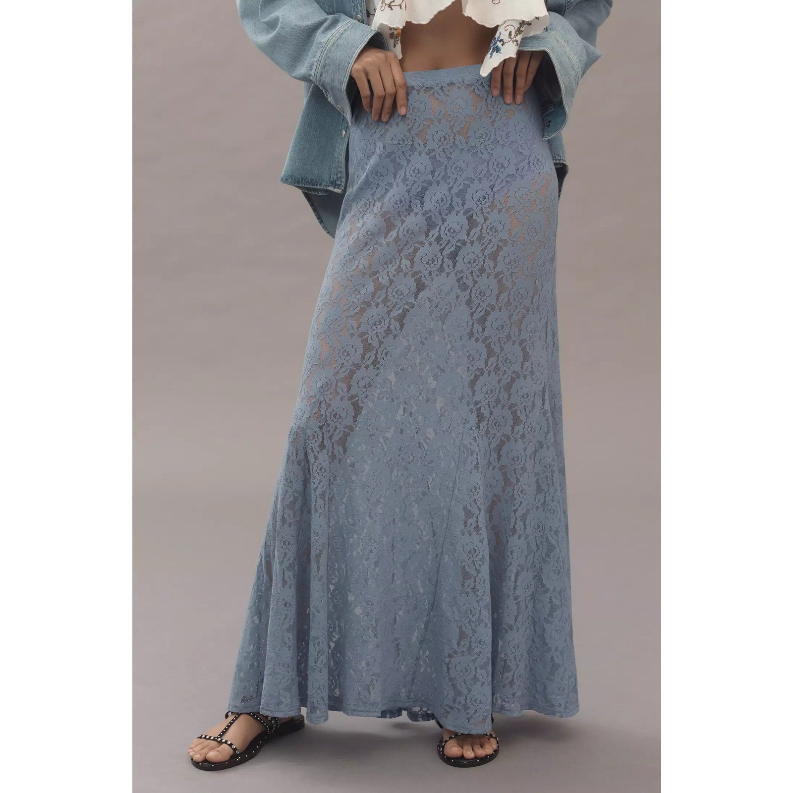 Anthropologie Sheer Tiered Lace Maxi Skirt Small Blue Floral Anthropologie