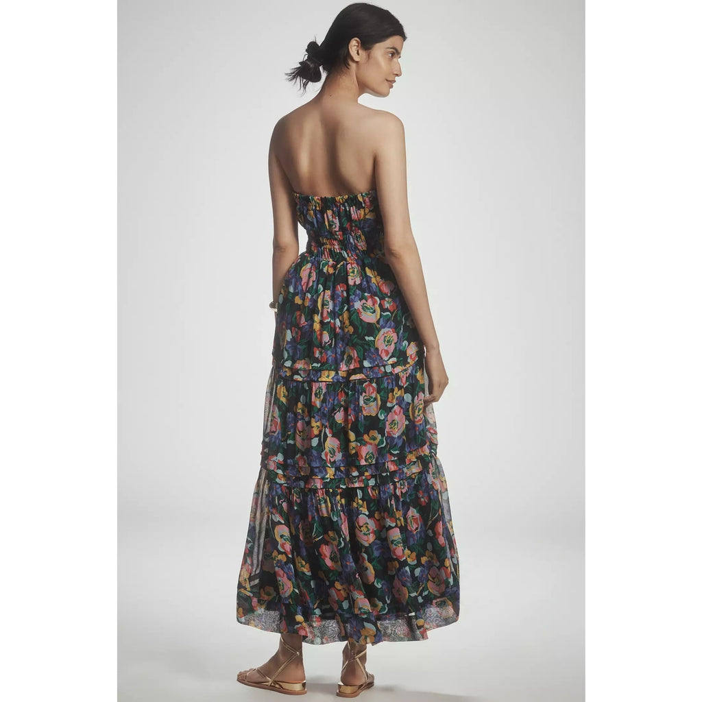 Strapless tiered maxi dress with colorful floral print, tiered skirt, back view