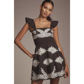 Anthropologie Ruffle-Strap Embroidered Smocked Mini Dress X-LARGE Black