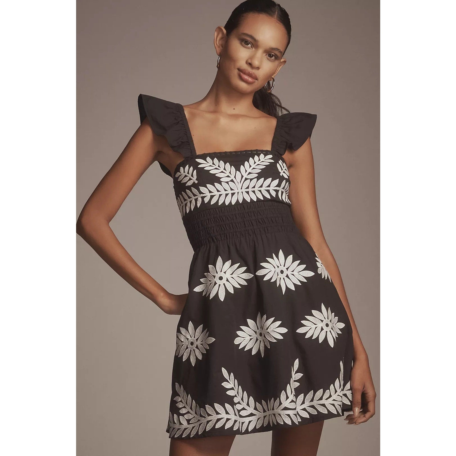 Anthropologie Ruffle-Strap Embroidered Smocked Mini Dress X-LARGE Black