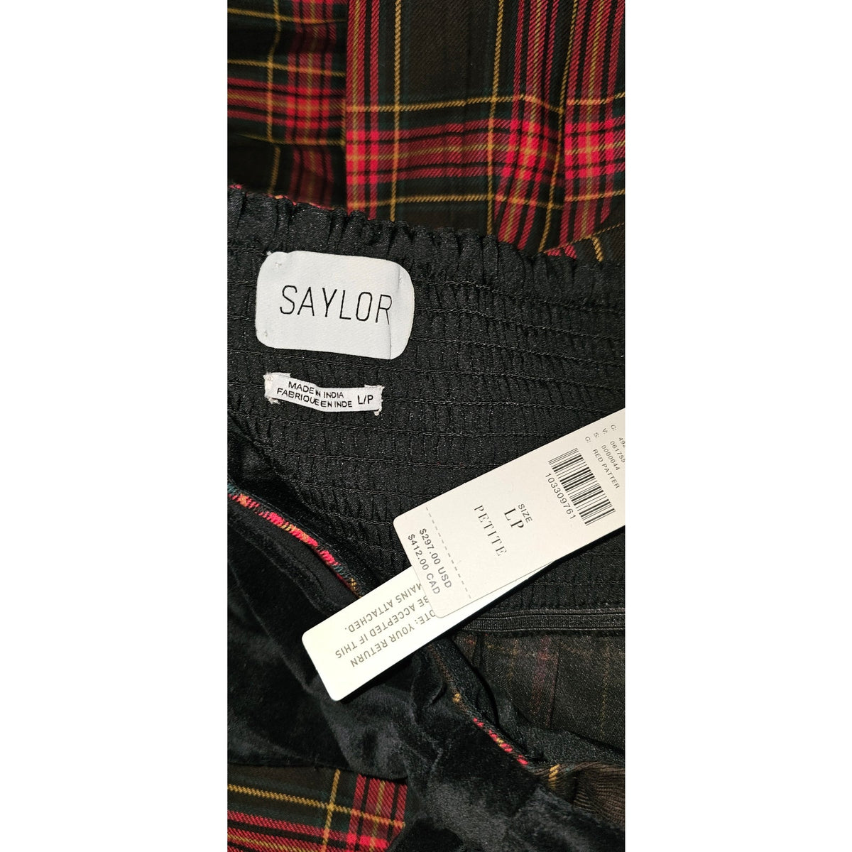 SAYLOR clothing label and size tag on plaid mini dress smocked waist