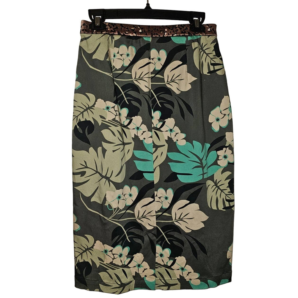 New Eva Franco Embroidered Leopard Tropical Print Midi Skirt Sz 8