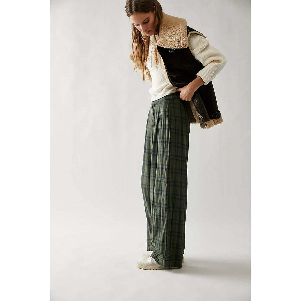 New Free People x CP Shades Plaid Trousers $220  MEDIUM Green PLAID Relaxed