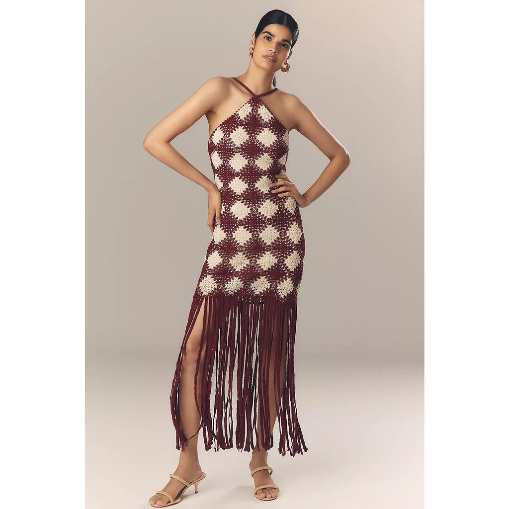 Anthropologie Saylor Dragana Crochet Fringe Midi Dress