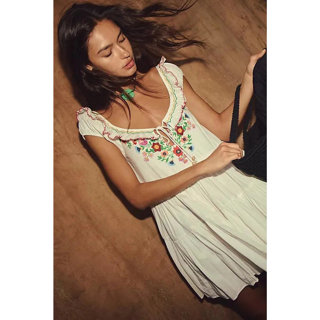 Free People Celia Floral Embroidered Boho Mini Dress Small Ivory Free People