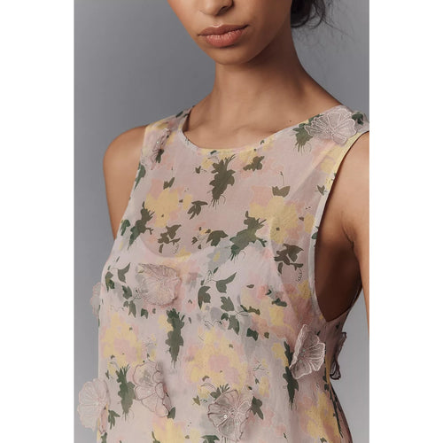Sheer sleeveless floral mini dress with lace appliqués near neckline