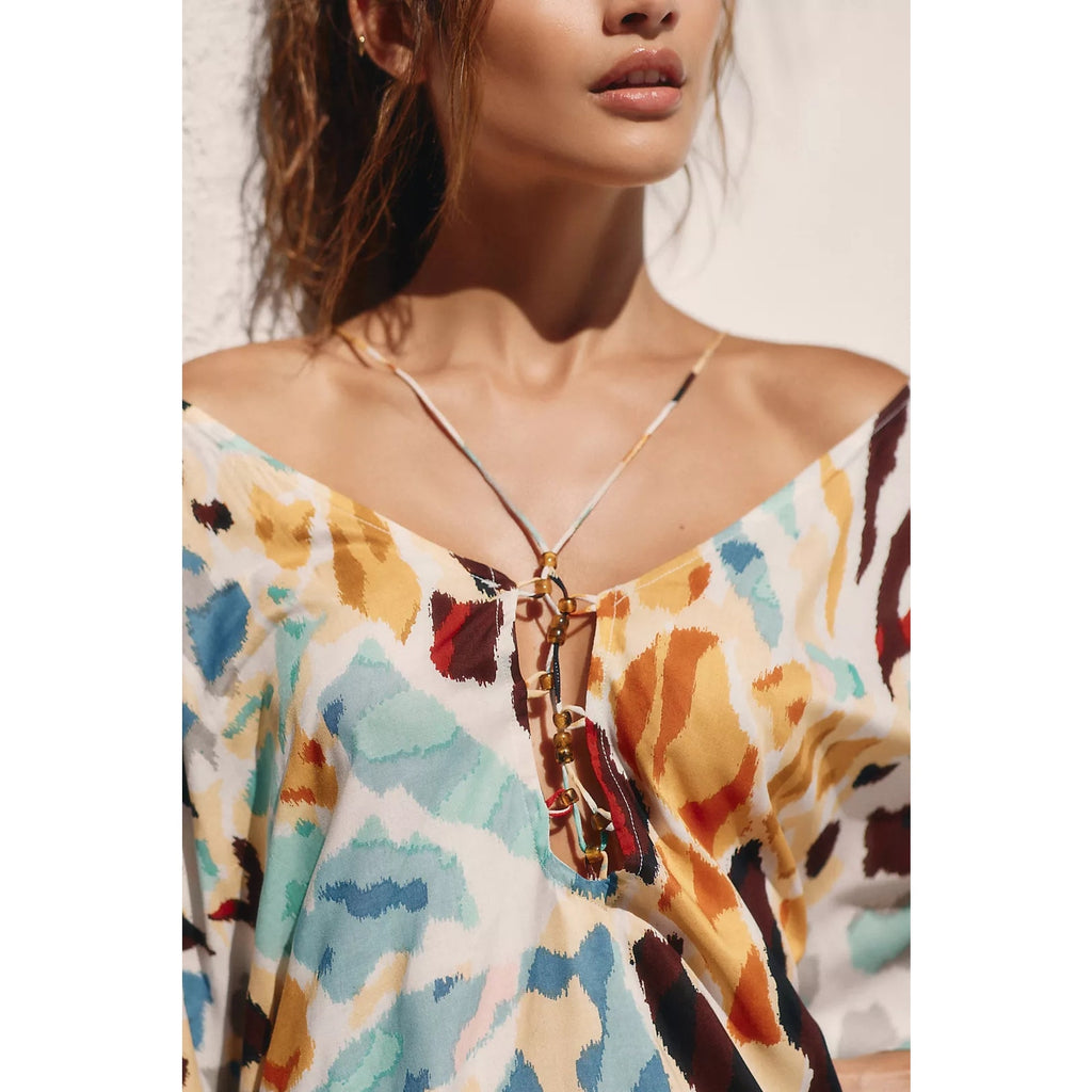 Anthropologie Printed Coverup XXS/XS Multicolor BEADED LACE-UP Anthropologie