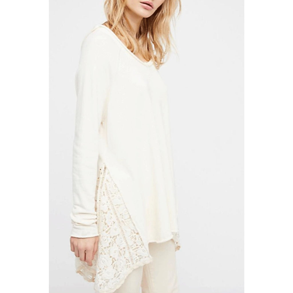 New Free People No Frills Long Sleeve Crochet Lace Pullover $148 Medium Ivory