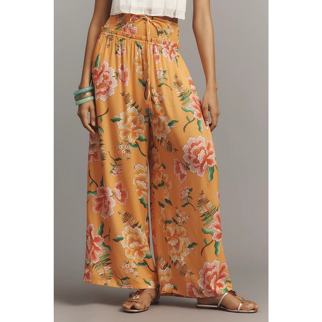 Farm Rio x Anthropologie Smocked Floral Wide-Leg Pants X-SMALL Orange Anthropologie