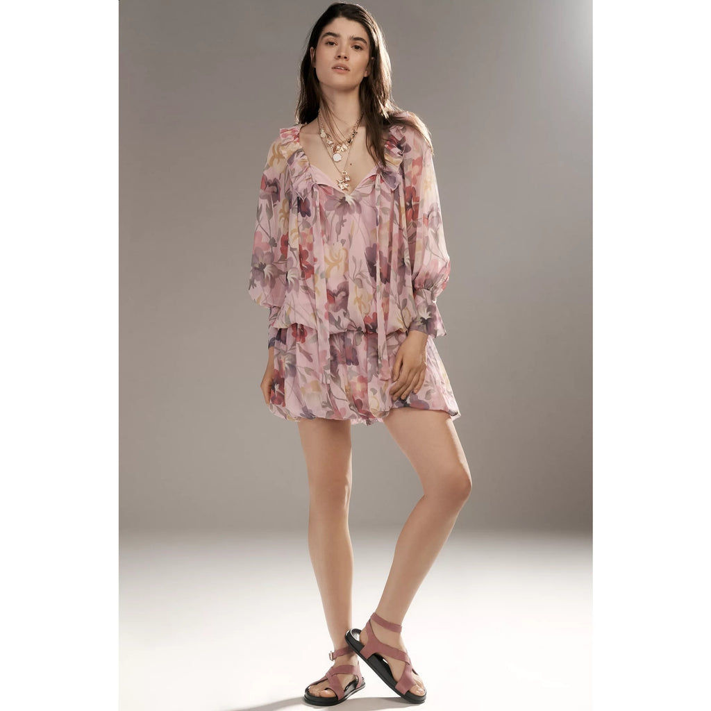 Anthropologie Mare Mare Long-Sleeve Mini Dress $168 Medium Pink Floral Boho