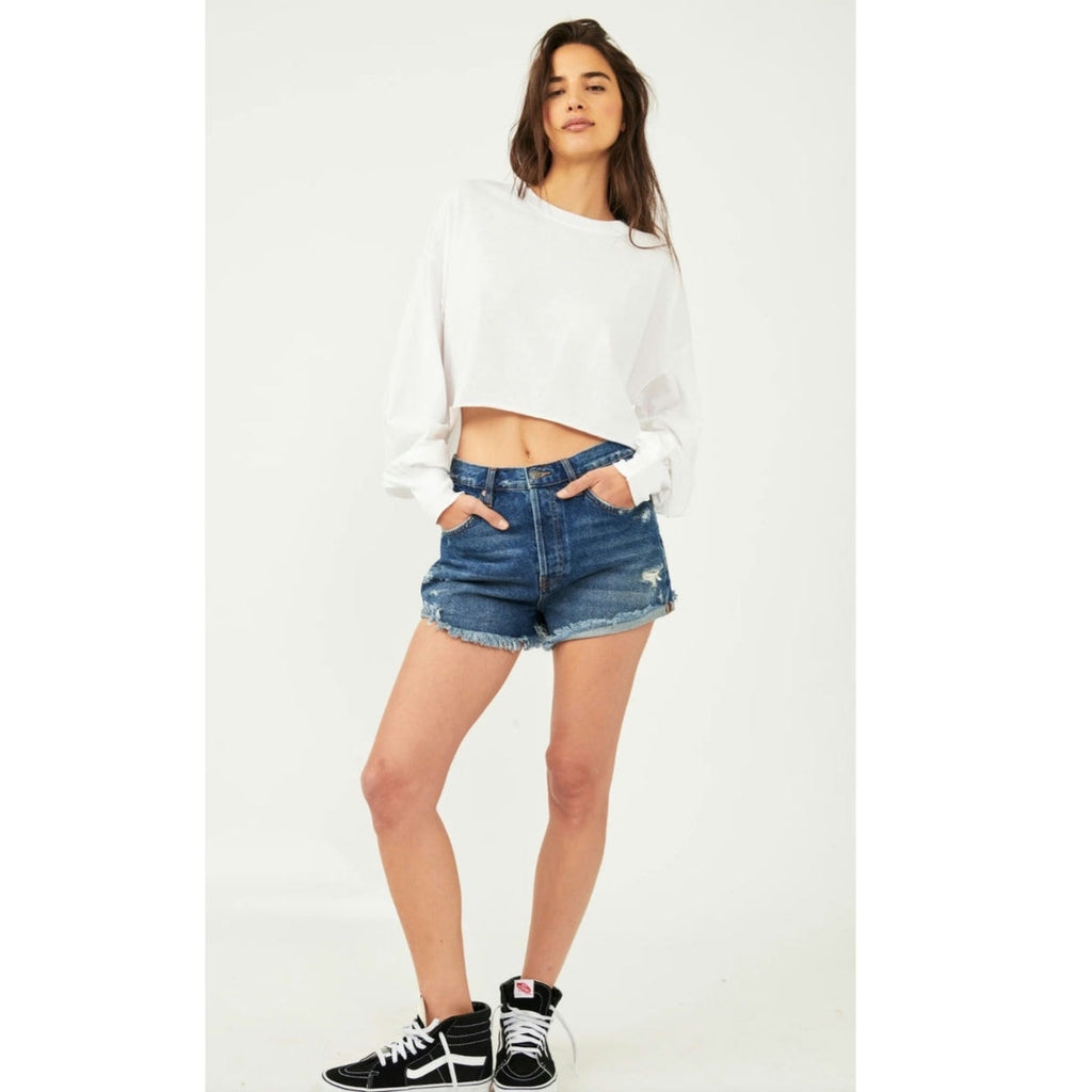 New FREE PEOPLE We the Free The Lasso Denim Shorts $78 Size 26 Raw Hem