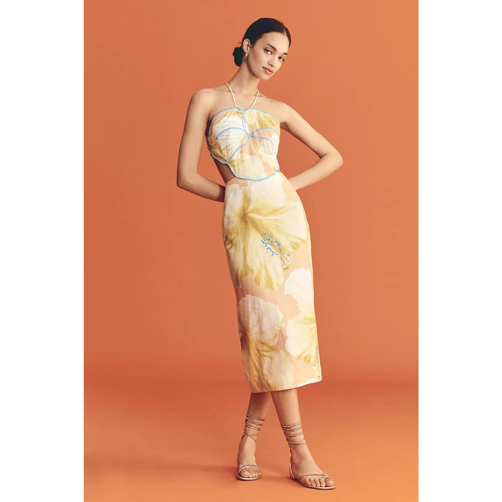Farm Rio x Anthropologie Floral Printed Linen Blend Halter Midi Dress L FARM Rio for Anthropologie