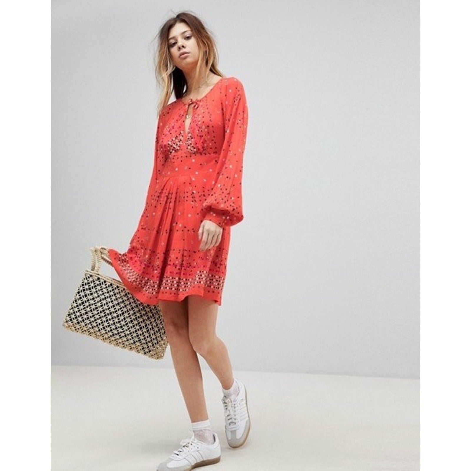 New Free People Coryn Boho Mini Dress Red Combo Size 2 Long Sleeve