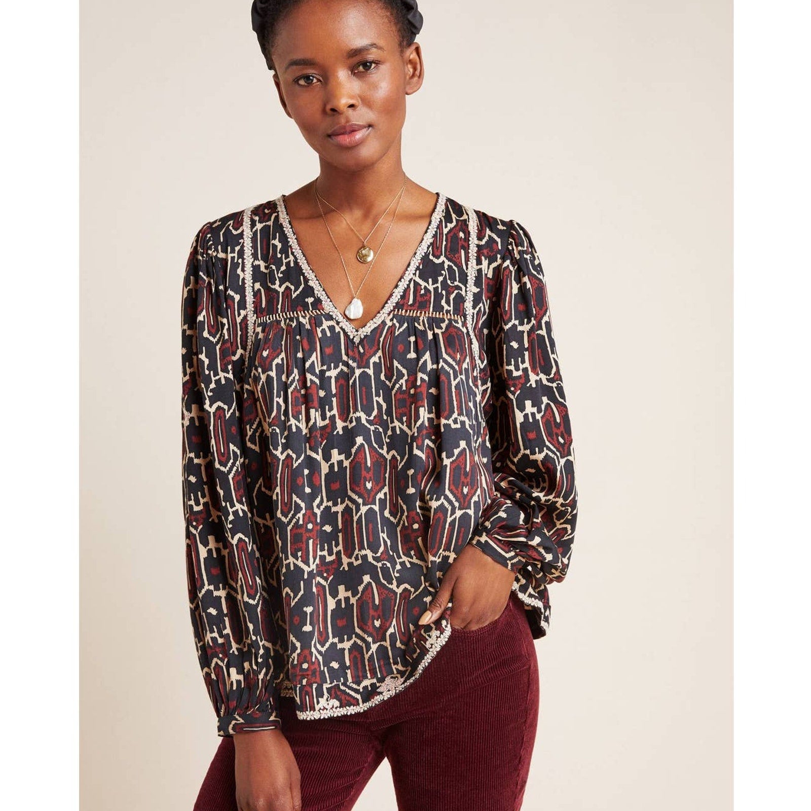 New Anthropologie Maeve Veda Embroidered Peasant Blouse $148 SMALL Brown Motif