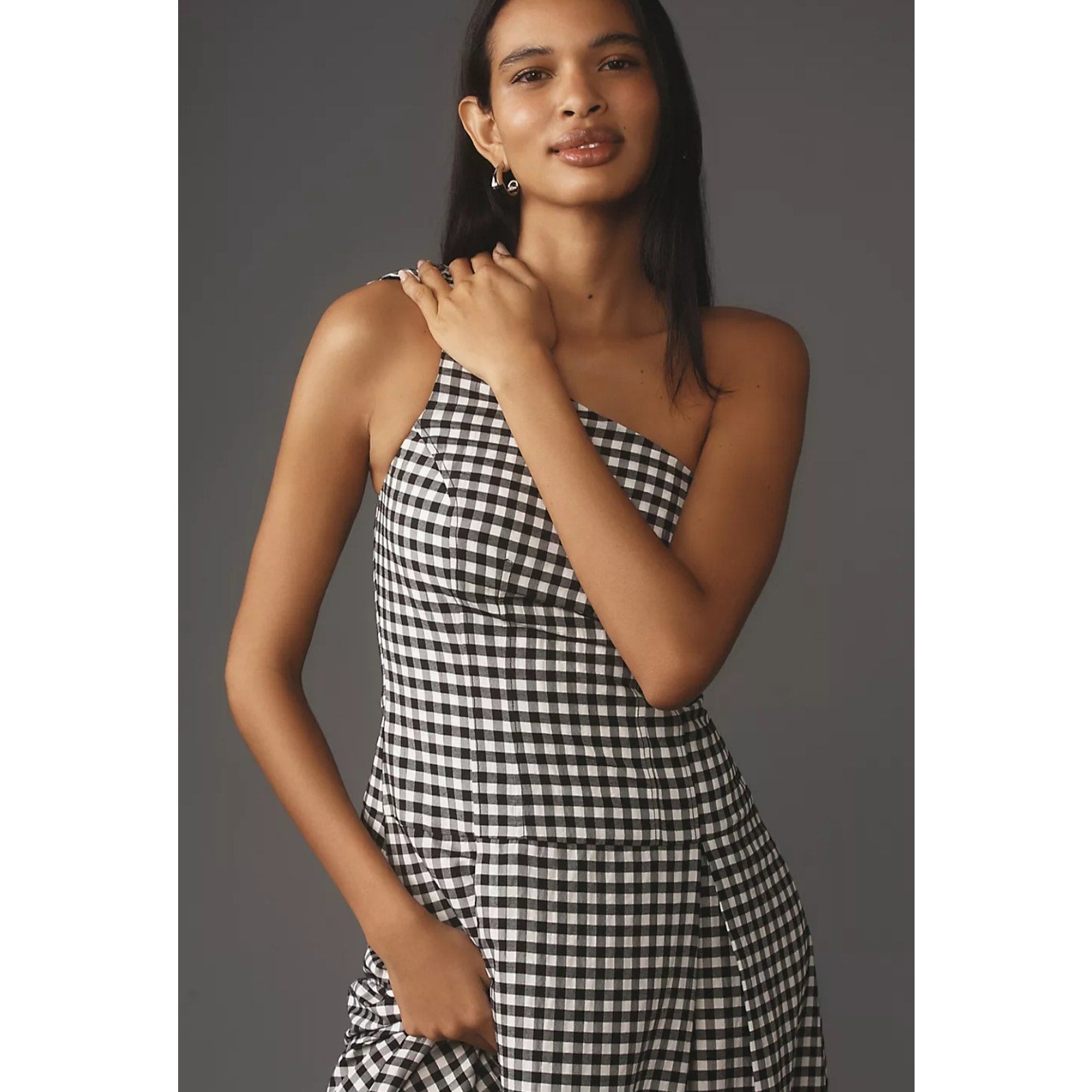 New By Anthropologie One-Shoulder Gingham Midi Dress $168 X-SMALL Black