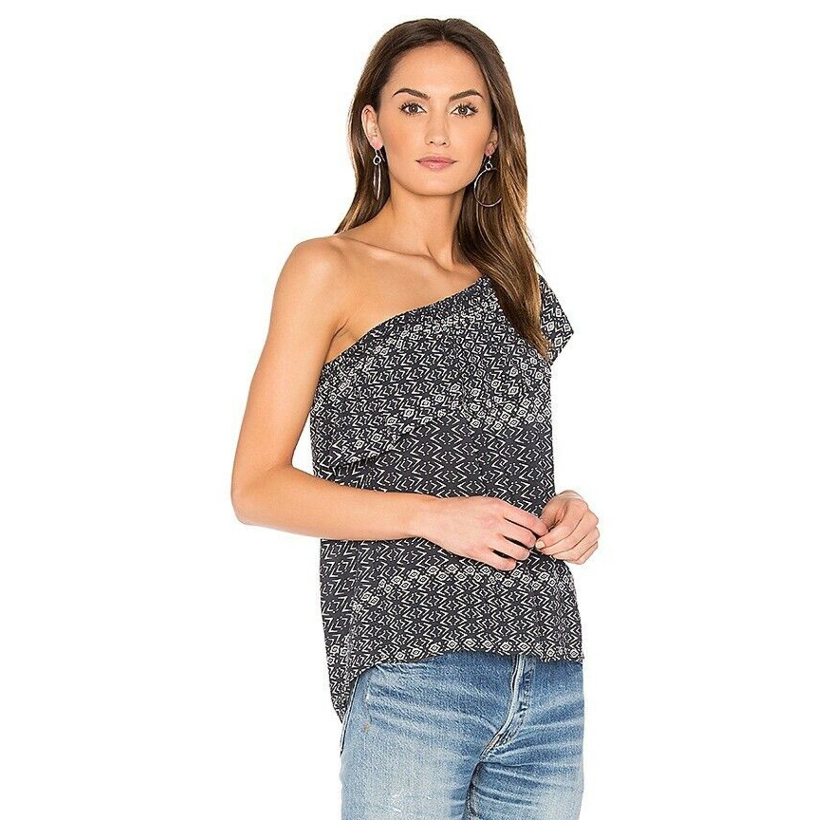 New Anthropologie Velvet by Graham & Spencer Florine One-Shoulder Top $108 Blue