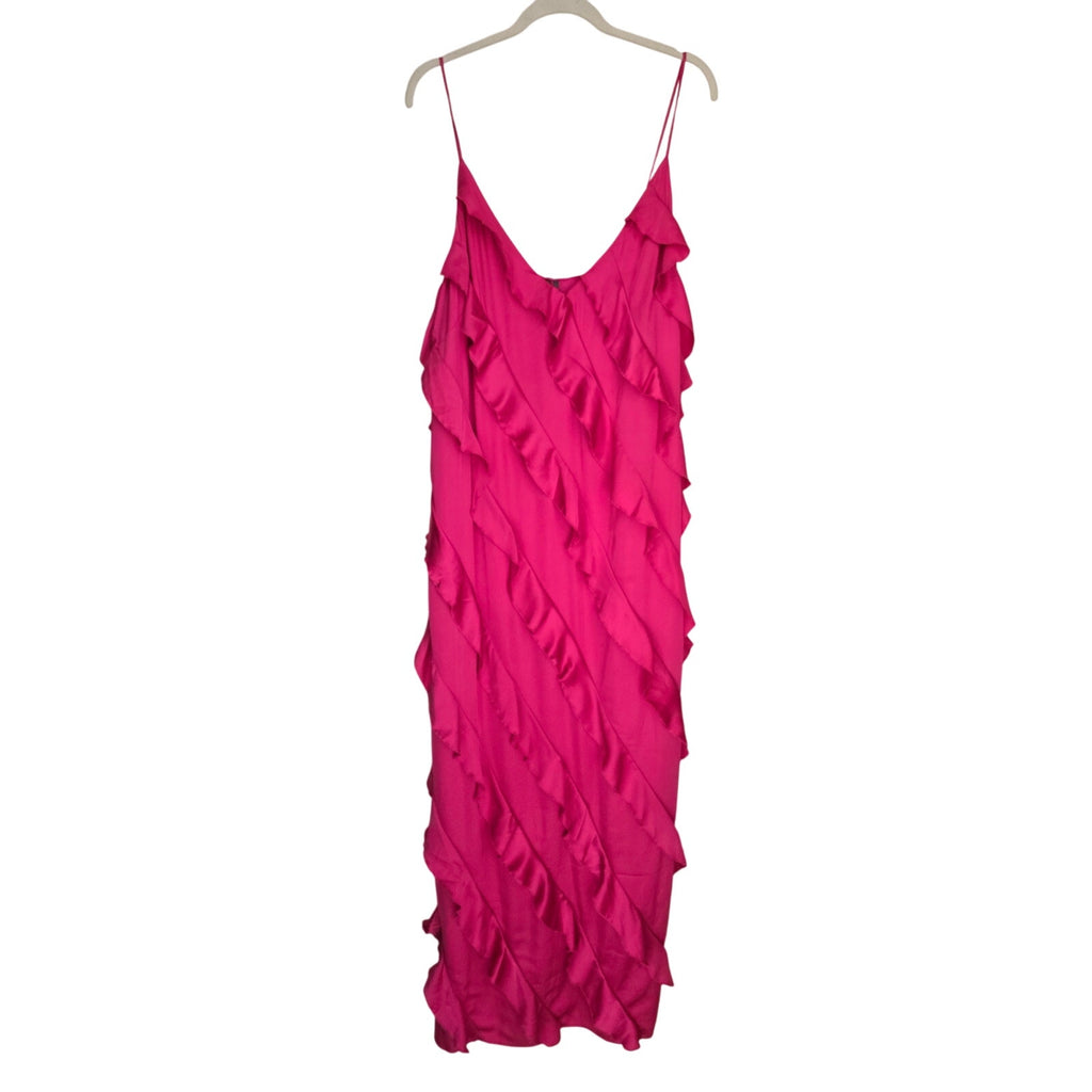 New By Anthropologie Bias-Cut Ruffled Midi Dress $198 X-LARGE Pink V-neck