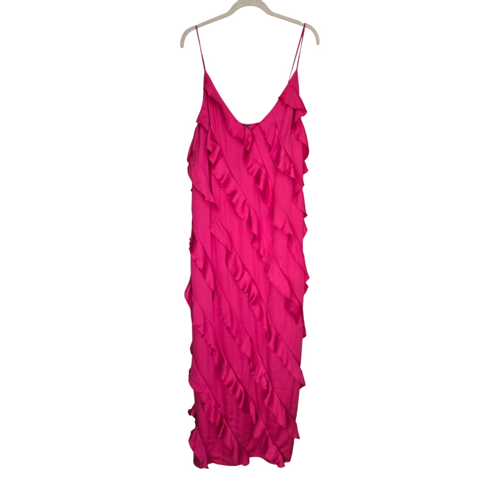 New By Anthropologie Bias-Cut Ruffled Midi Dress $198 X-LARGE Pink V-neck