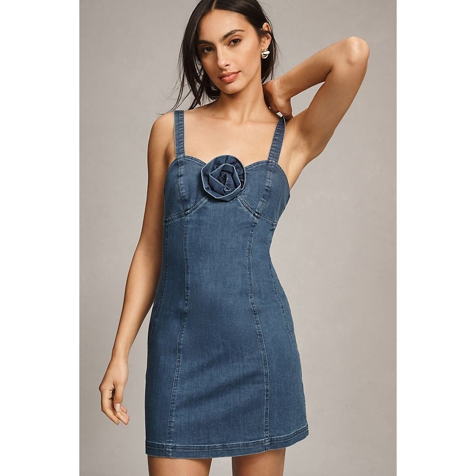 Anthropologie Porridge Rosette Denim Slim Mini Dress XXS Blue Stretchy Anthropologie