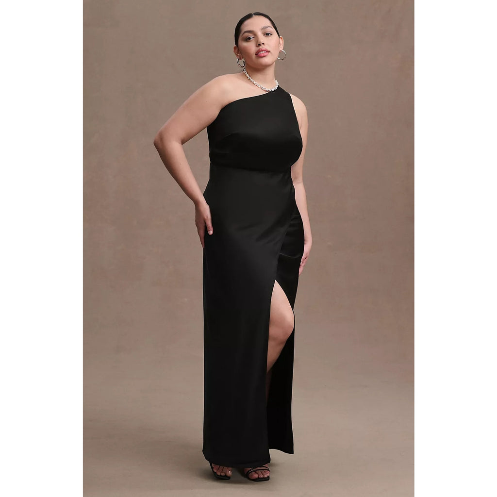 Anthropologie BHLDN Dylan One-Shoulder Satin Side-Slit Gown $250 Sz 4 Black