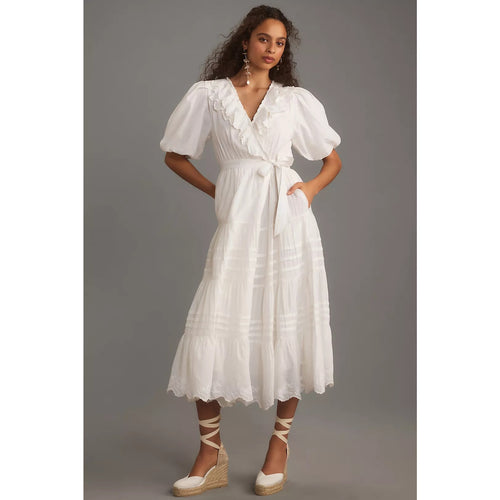 Off-white short-sleeve wrap maxi dress with ruffled neckline and gathered tiered hem