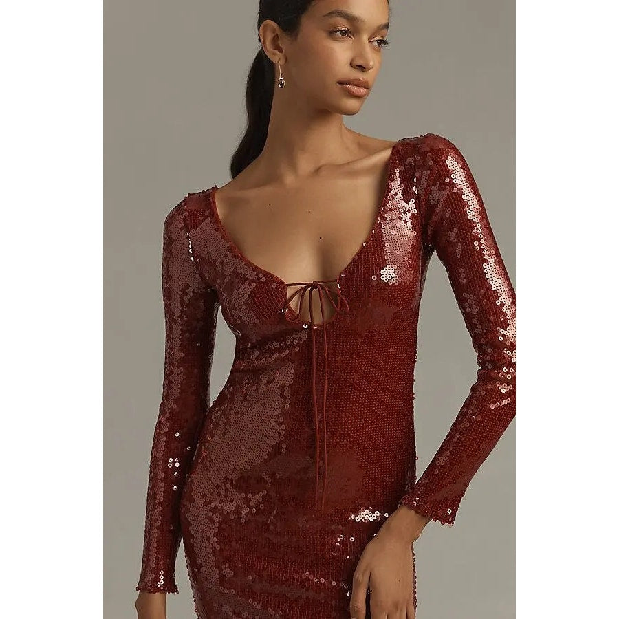 New ANTHROPOLOGIE Bardot Verona Long-Sleeve Sequin Slim Midi Dress SIZE 10 WINE