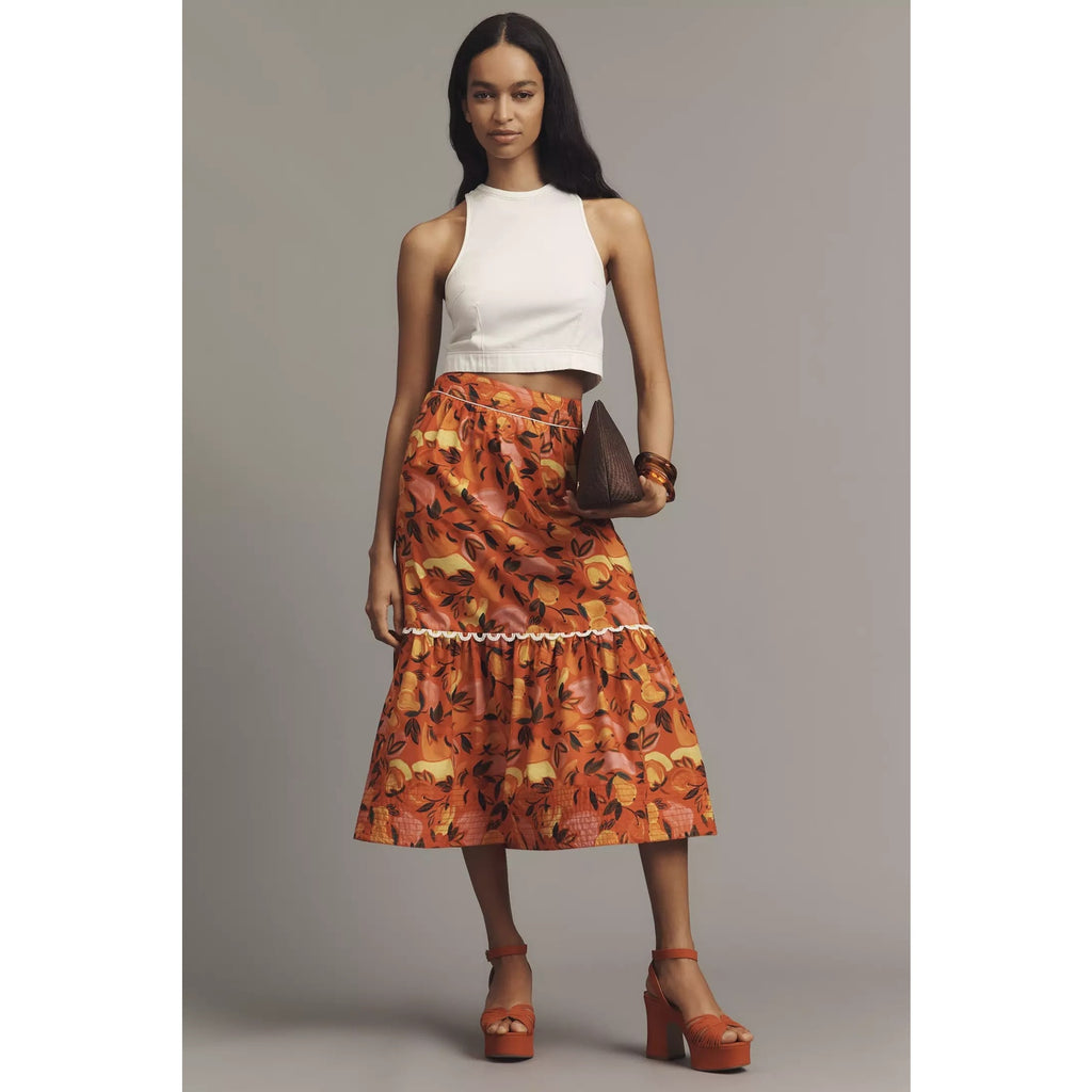 New Anthropologie Farm Rio Tiered Flare-Hem Midi Skirt $178 X-Large Red Fruit XL