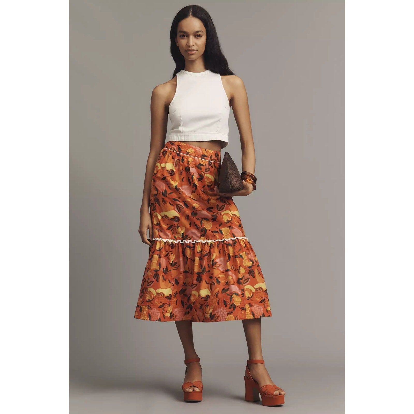 New Anthropologie Farm Rio Tiered Flare-Hem Midi Skirt $178 X-Large Red Fruit XL