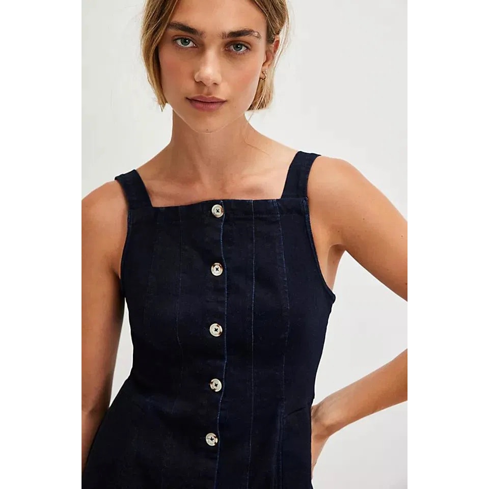 New FREE PEOPLE Gimme More Denim Mini Dress $148 X-LARGE Dark Blue Button