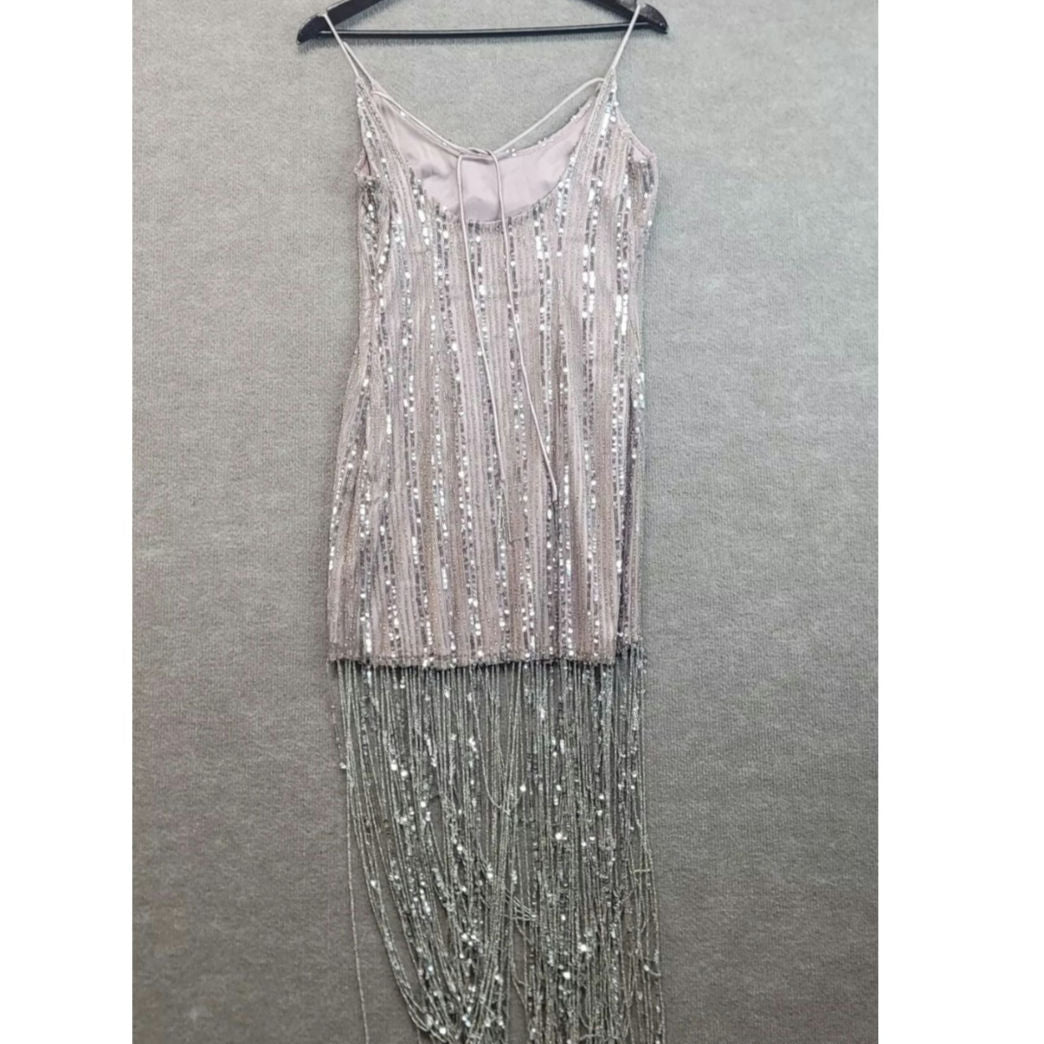 New Anthropologie Maeve Scoop-Neck Beaded Fringe Midi Dress $268 SIZE 14P Mauve