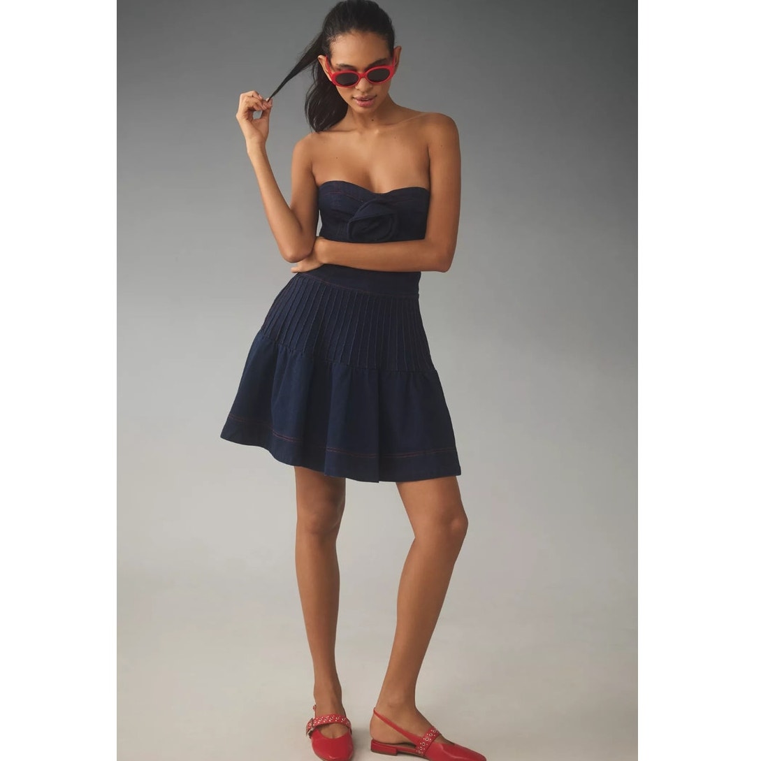 Anthropologie Maeve Rosette Strapless Fit & Flare Denim Mini Dress $168 Sz 2